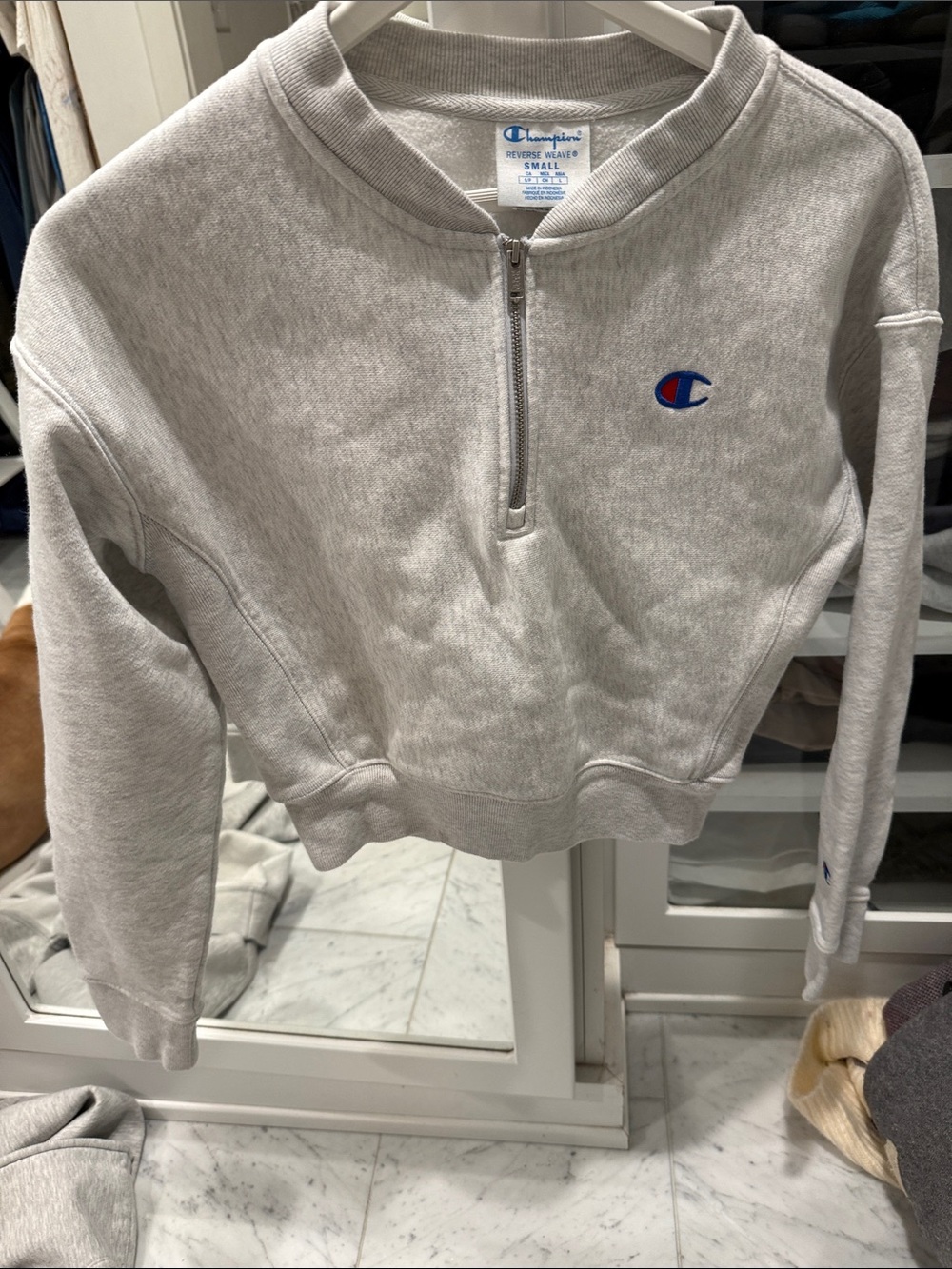 Champion Light Gray Half-Zip Crew Sweatshirt with Embroidered Logo